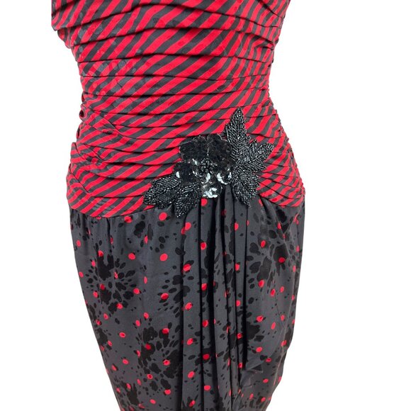 Vintage A.J. Bari Strapless Red & Black Striped Polka Dot Dress Szize 4 - Picture 4 of 8